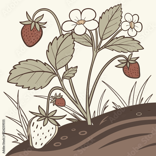 Stylized Strawberry Plant with Berries, Flowers, and Foliage Illustration
