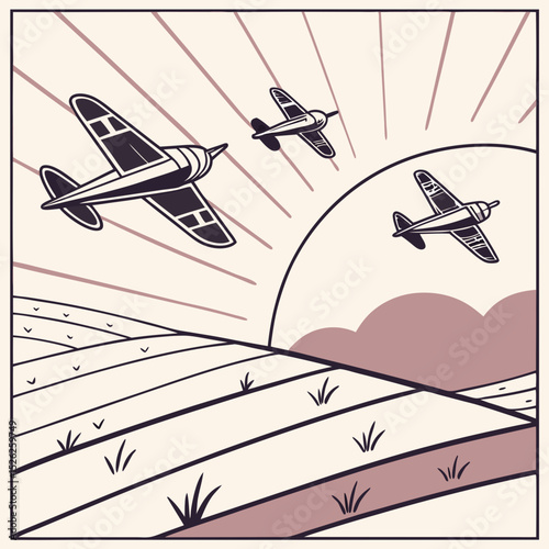 Three Vintage Airplanes Soaring Above Striped Fields with Rising Sun Illustration