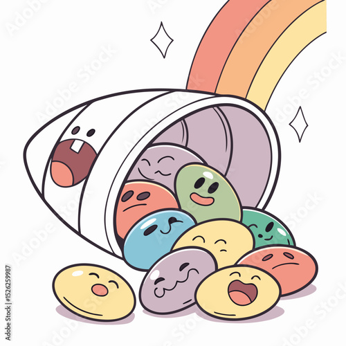 Cartoon container spilling colorful candy beans with expressive faces and a rainbow arch