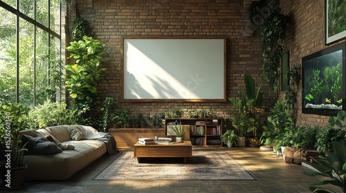 Bright living room with wooden frame, aquarium, plants, books, and warm sunlight.