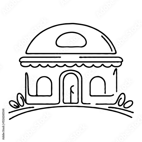 Simple line drawing of a small house with a dome roof and garden  