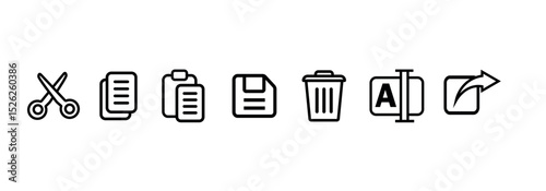 cut, copy, paste, save, delete, rename, share icon set png and vector illustration on transparent background
