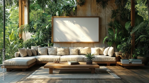 Bright living room with wooden frame, aquarium, plants, books, and warm sunlight.