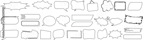 Hand drawn speech bubbles, thought clouds, and text boxes in a playful, sketchy style doodle elements  for comics, designs, and creative projects. Ideal for graphic design