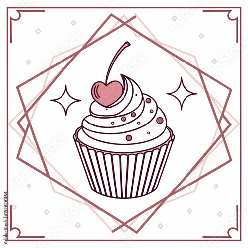 Elegant Cupcake with Heart-Shaped Cherry and Geometric Frame