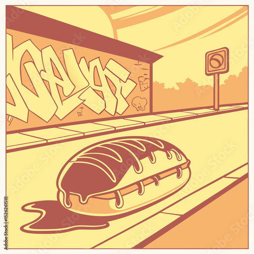 Artistic Illustration of a Chocolate Eclair on a City Street with Graffiti