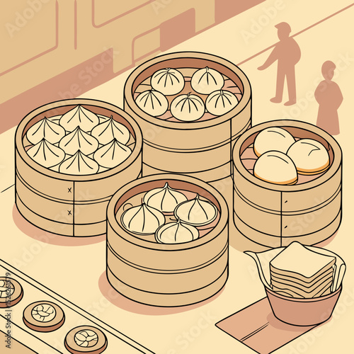 Colorful Asian Steamed Dumplings and Buns Displayed in Traditional Baskets