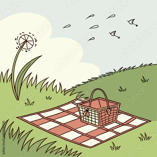 Whimsical Picnic Scene with Dandelion, Birds, and Checkered Blanket