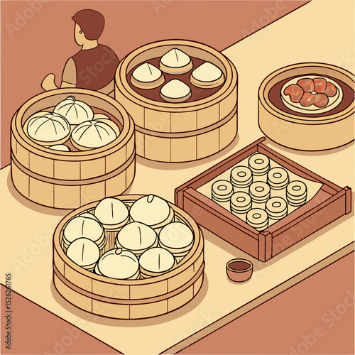 Colorful Asian Street Food Display with Steamed Buns and Other Treats
