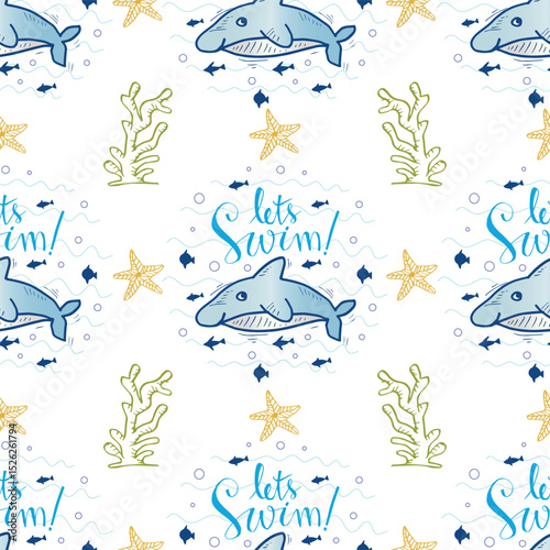 Seamless pattern with whale, starfish, seaweed and lettering. Vector illustration.