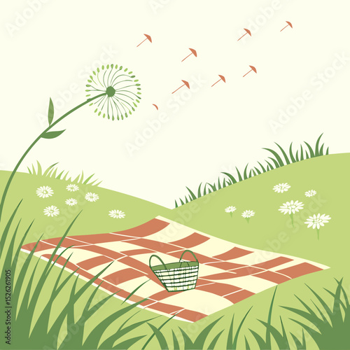 Idyllic Picnic Scene: Dandelion Seeds Drifting Over Checkered Blanket