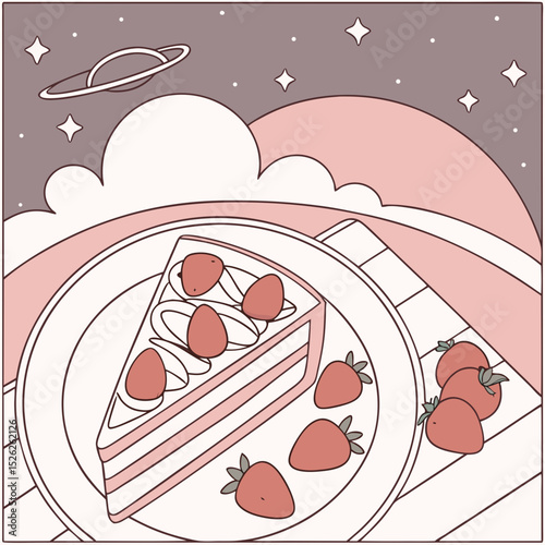 Strawberry Shortcake Slice Under a Dreamy Night Sky
