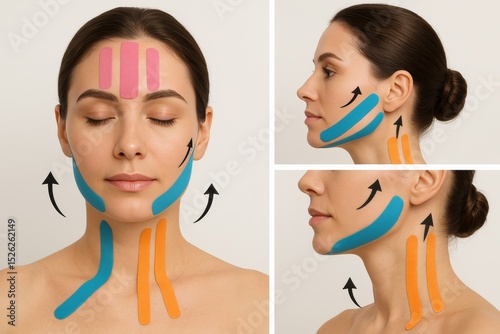 Woman face with different colored tapes on forehead, jawline, neck. Small arrows indicating lifting directions.