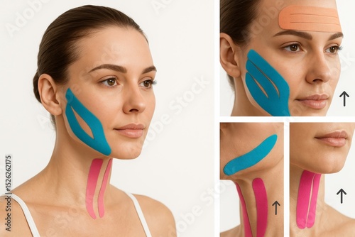 Educational-style collage showing a woman face with different colored tapes on forehead, jawline, neck