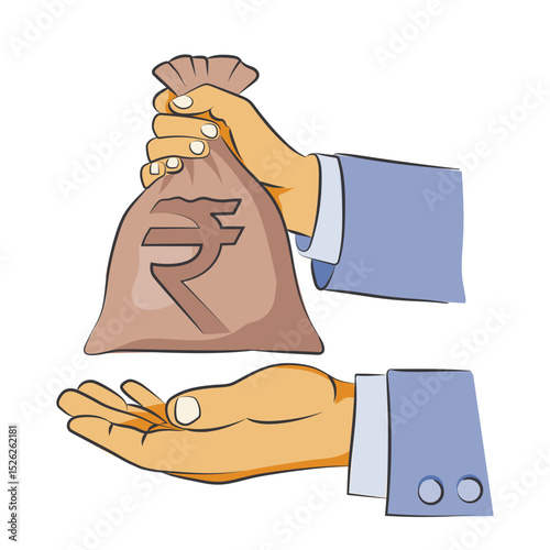 Two hands, one offering a Rupee money bag and the other open to receive, symbolising financial transfer, investment, or donation