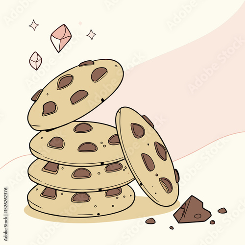 Stack of Chocolate Chip Cookies with Delicate Design
