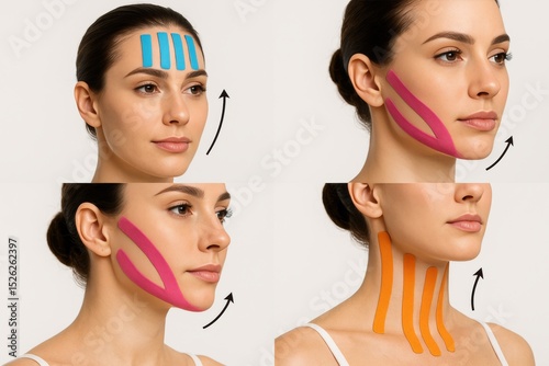 Educational-style collage showing woman face with different colored tapes on forehead, jawline, neck. Small arrows indicating lifting directions.