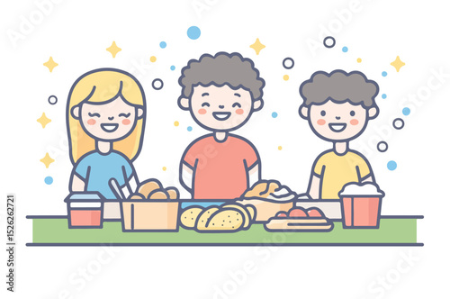 Friends sitting on picnic on nature with drinks and foods. Group people together relaxing outdoor. Vector flat line color illustration