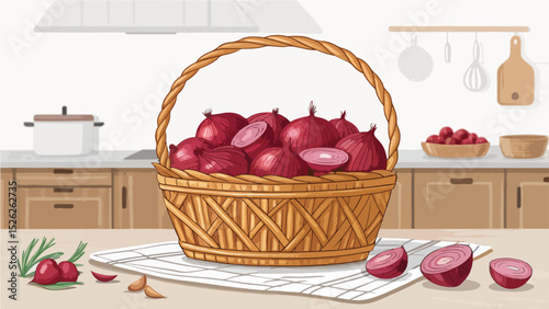 Onion in basket in kitchen Illustration vector design, Onion vector design