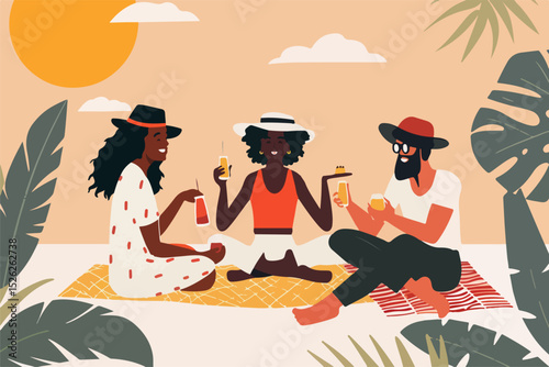 Black friends sitting on picnic on nature with cocktail, celebrating friendship and vacation. People in summer park, relaxing outdoor. Summertime with tropical plants. Vector flat illustration