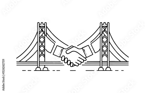 Handshake on bridge as symbol of bond and cooperation. Agreement in partnership and unity. Vector flat illustration