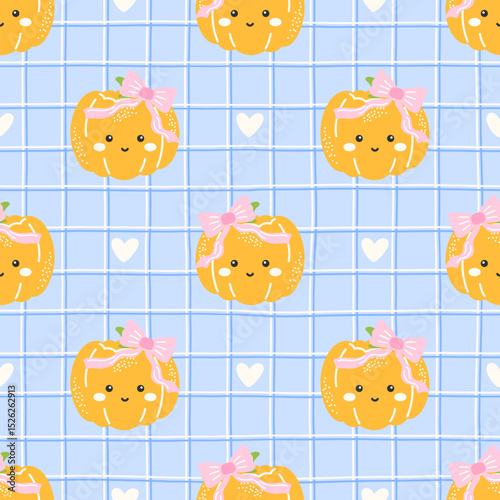 Vector seamless pattern with kawaii pumpkins and heart accents. Ideal for festive fall decor, wallpapers, and wrapping paper