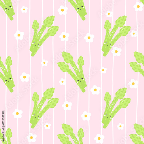 Kawaii happy asparagus in a vector seamless pattern for wrapping paper, fabric, or wallpaper with a fresh organic feel
