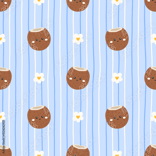 Vector Kawaii tropical coconut Seamless pattern. Ideal for kids summer fashion, wrapping paper, or vegan-themed fabric