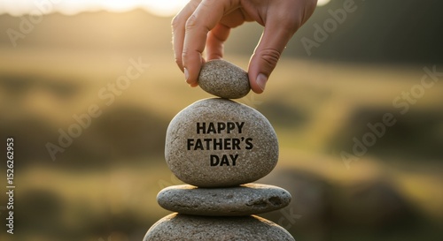 Happy Father's Day greeting on a stacked stone. Hand creating a rock cairn in nature at sunset, symbolizing paternal love, balance, and support.