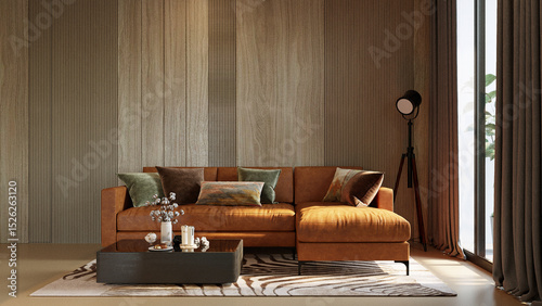 Modern home and living room with brown leather sofa and floor lamp mockup decoration and wooden pattern wall texture background interior design. 3d rendeing 