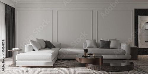 Modern home and living room with white sofa set mockup decoration and mid century modern pattern wall texture background interior design. 3d rendeing 