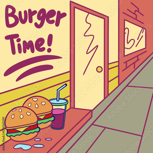 Cartoon Burger Time Illustration with Drink and Doorway