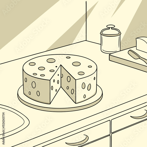 Cartoon Swiss Cheese with a Slice Removed on Kitchen Countertop