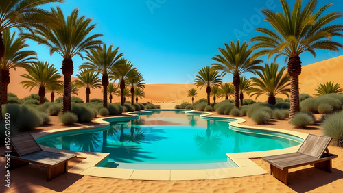 Desert Oasis with Reflective Crystal-Clear Water and Palm Trees