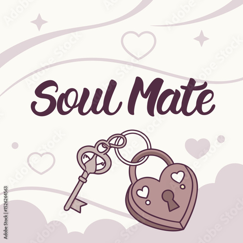 Soul Mate Illustration with Heart Shaped Lock and Key on a Decorative Background