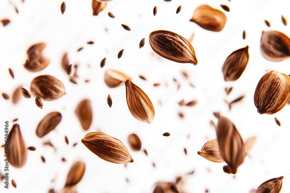Obraz premium Close-up view of floating seeds against a white background, showcasing natural textures and shapes
