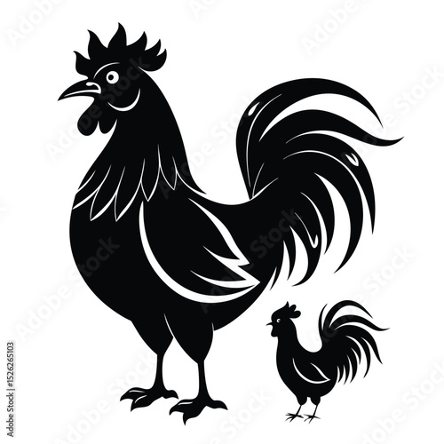 Majestic rooster and chick silhouettes farm animals