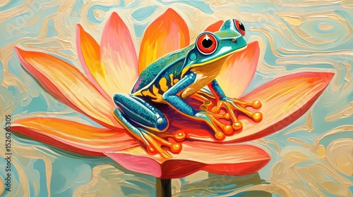 A brightly colored frog sitting elegantly on a lotus leaf, surrounded by rippling water and soft light reflections adding natural depth --chaos 15 --ar 16:9 --style raw --v 6.1 Job ID: 9eb0e2b7-07b2-4