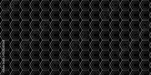 Futuristic monochrome hexagon grid pattern on black background, perfect for sci-fi visuals, modern interfaces, digital tech design, wallpapers, and abstract geometric projects.