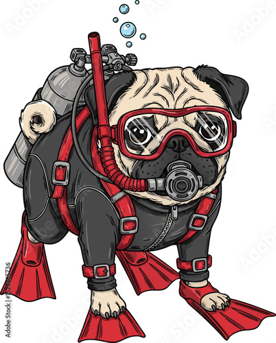 Adorable pug dog wearing scuba diving gear ready for underwater adventures and exploration