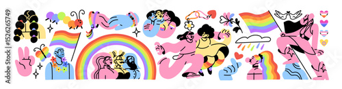 People with rainbow LGBTQ flags set. Celebration of pride month. Signs of gays, lesbians and bisexual, queer characters. Homosexual, LGBT community. Flat isolated vector illustrations on white