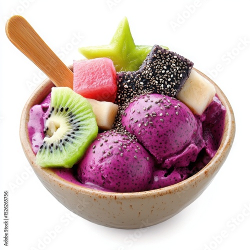 ice cream in a small ceramic bowl, artistically topped with dragon fruit cubes, starfruit slices, and kiwi photo