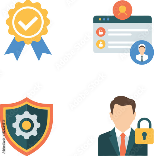 Certified shield and profile trust icons featuring award badge, secure identity, system settings and profile badge.