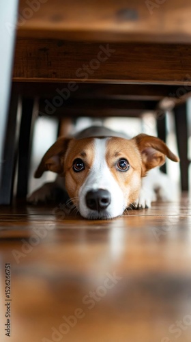 Trembling dog cowering beneath wooden table, sheltering from intense seismic activity, revealing survival instinct during catastrophic ground movement