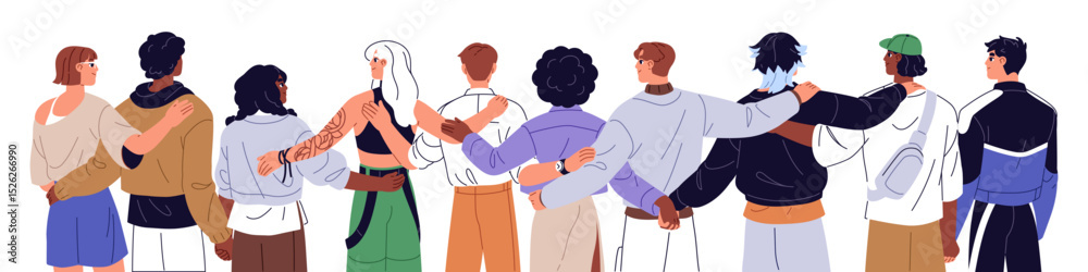 Obraz premium Friends stand, embrace together back view. Happy group of diverse people holding hands, hugs behind. International friendship, community, unity. Flat isolated vector illustration on white background