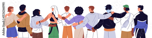 Friends stand, embrace together back view. Happy group of diverse people holding hands, hugs behind. International friendship, community, unity. Flat isolated vector illustration on white background