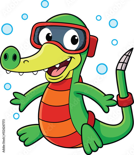 Cartoon crocodile wearing snorkel goggles with bubbles smiling ready for swimming fun