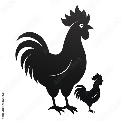 Rooster and chick silhouettes farm animals black white