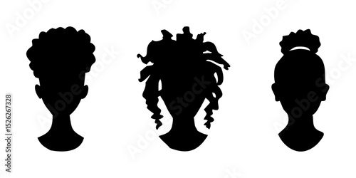 Silhouette afro girl vector set with hairstyle, black woman face on transparent background