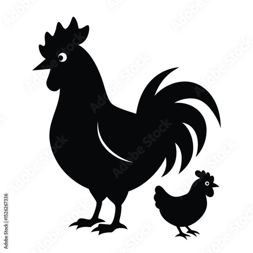 Rooster and chick silhouettes farm animals black and white